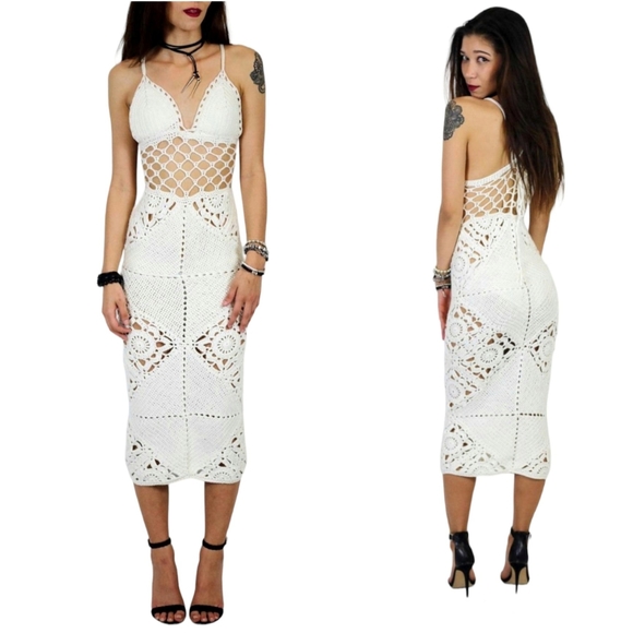 HANDCRAFTED Crochet Macrame Knit Dress Festival Midaxi Swim Cover Cream Tan S 4 - Picture 7 of 11